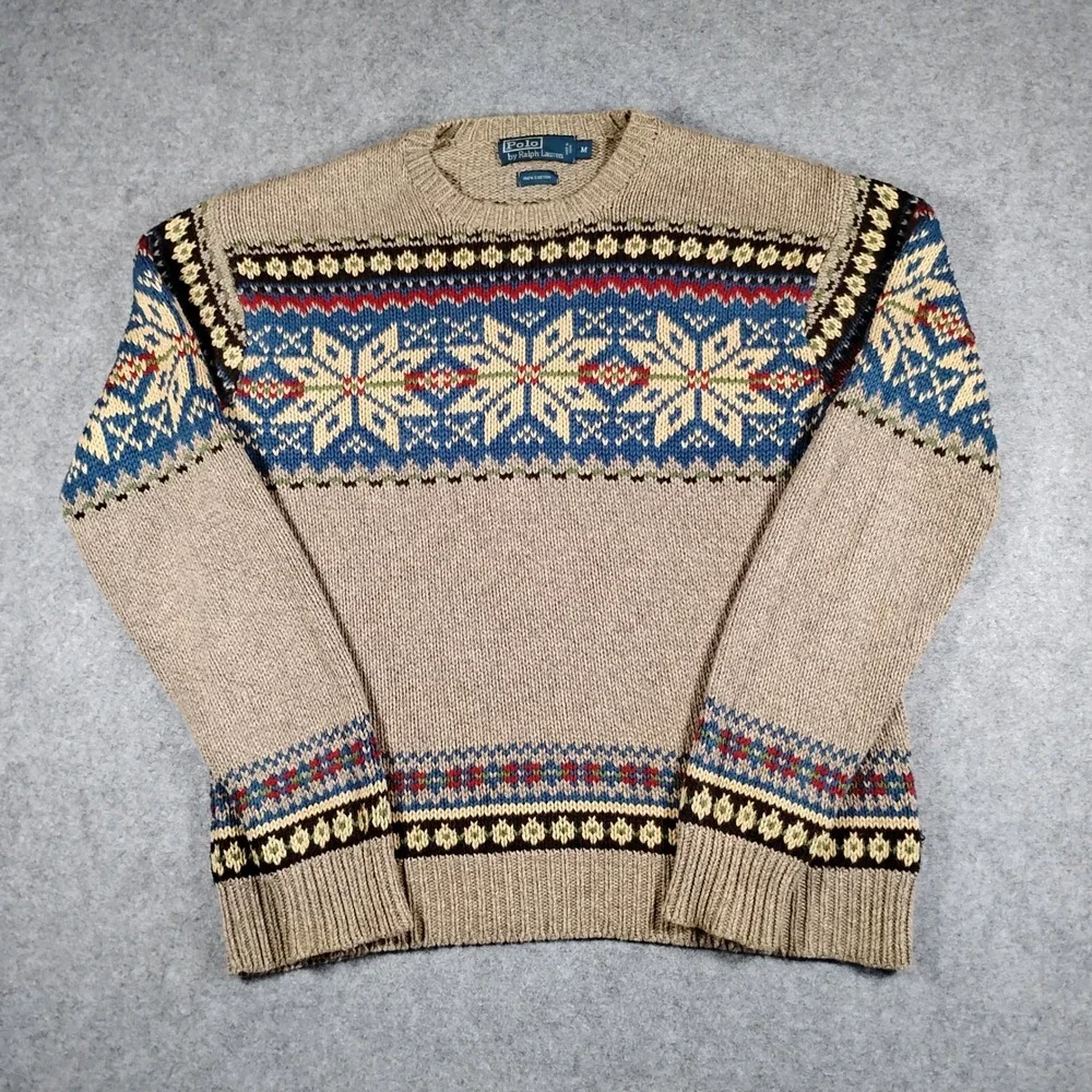 Vintage Polo Ralph Lauren Men Tan Cotton Fair Isle Snowflake Crew Neck Sweater M